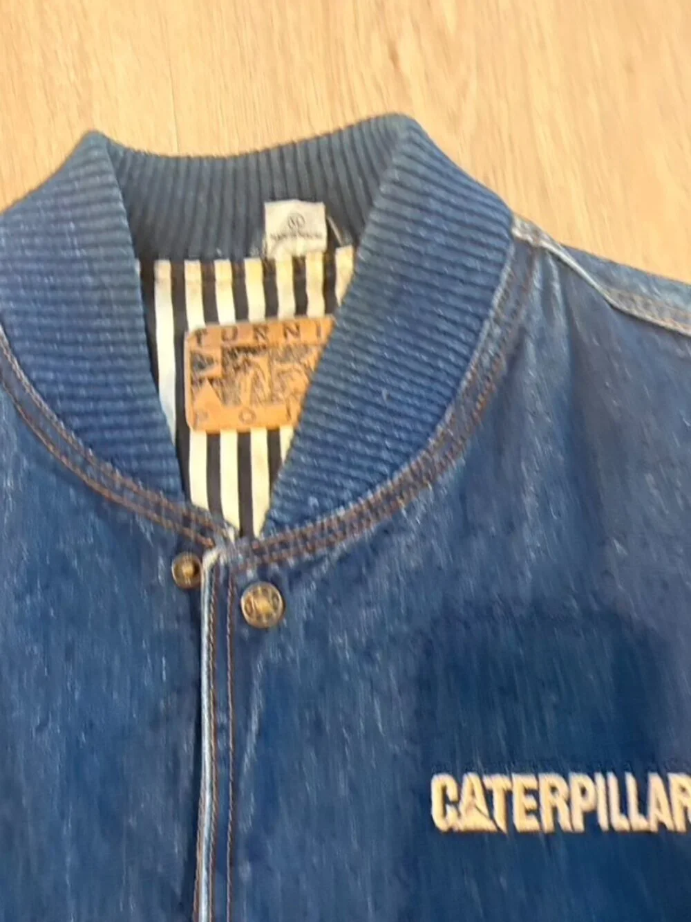 VTG Caterpillar CAT Turning Point Jacket Mens XL Stadium Bomber Blue Denim Lined